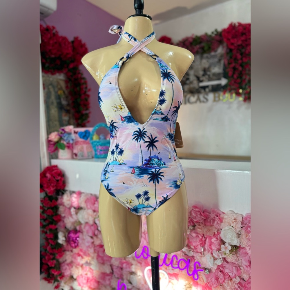 Pink and Blue One Piece Swim with Halter Neck